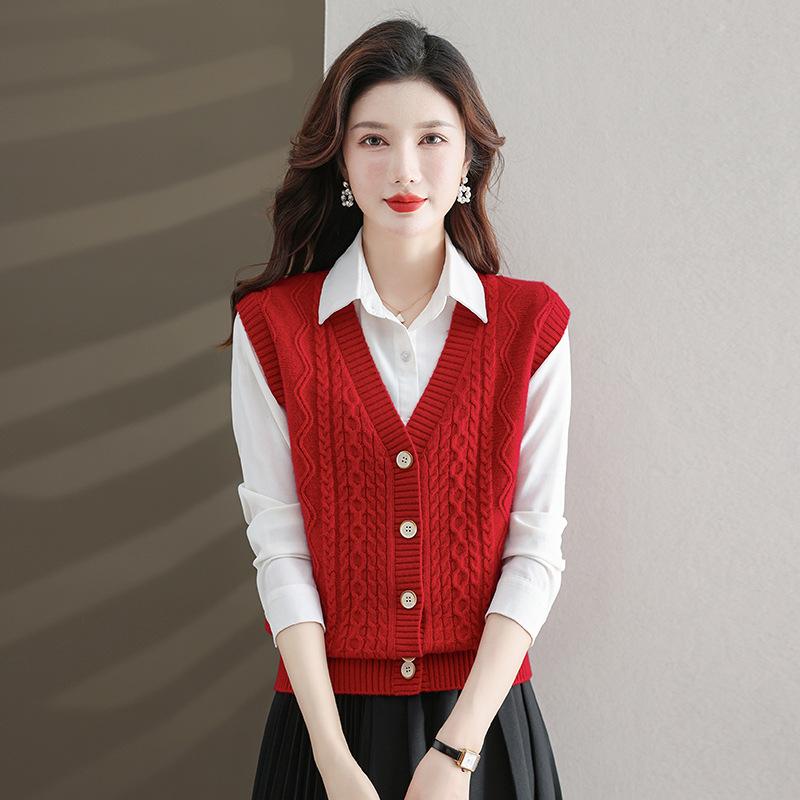 Женский шикарный трикотажный жилет из полиэстера | Жилет-свитер с V-образным вырезом и косами | Однотонный трикотаж без рукавов | Модный многослойный топ на осень/зиму