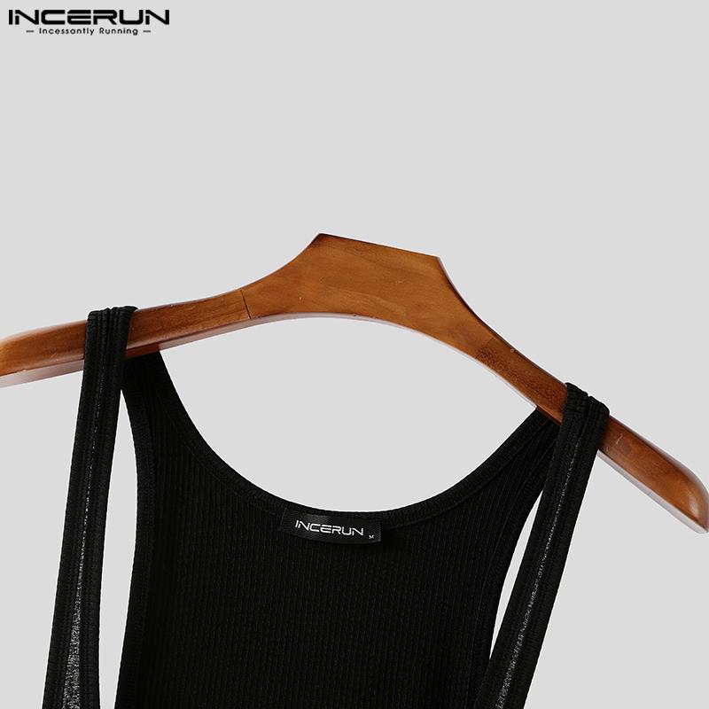 INCERUN Мужские комбинезоны-ромперы с низким вырезом, без рукавов, полупрозрачные, в рубчик, боди, нижнее белье