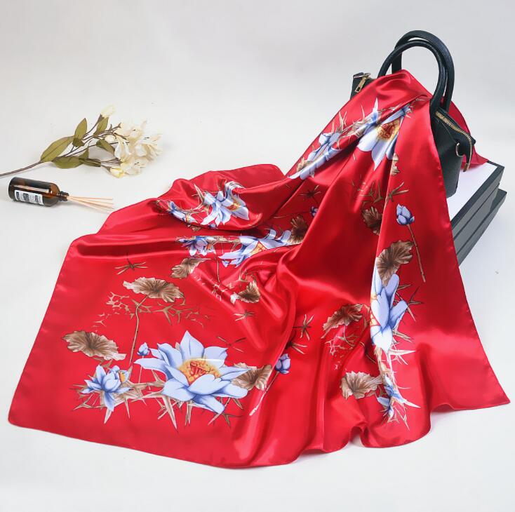 Silk Scarf Women Lotus Flower Design Square Scarves Office Ladies Shawl Bandanna 90*90cm Muslim Hijab Handkerchief Scarves