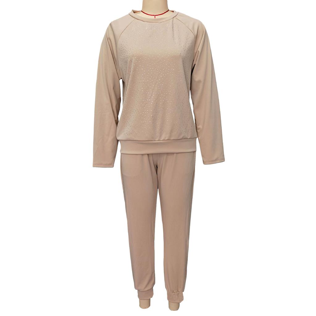 2 шт./комплект женский топ брюки костюм со стразами декор О-образный вырез длинные рукава пэчворк спортивный свитшот эластичный пояс брюки фитнес-наряд осень весна