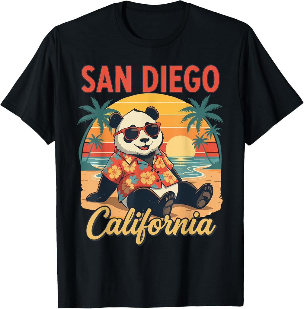 San Diego California Panda Beach Retro Sunset T-Shirt