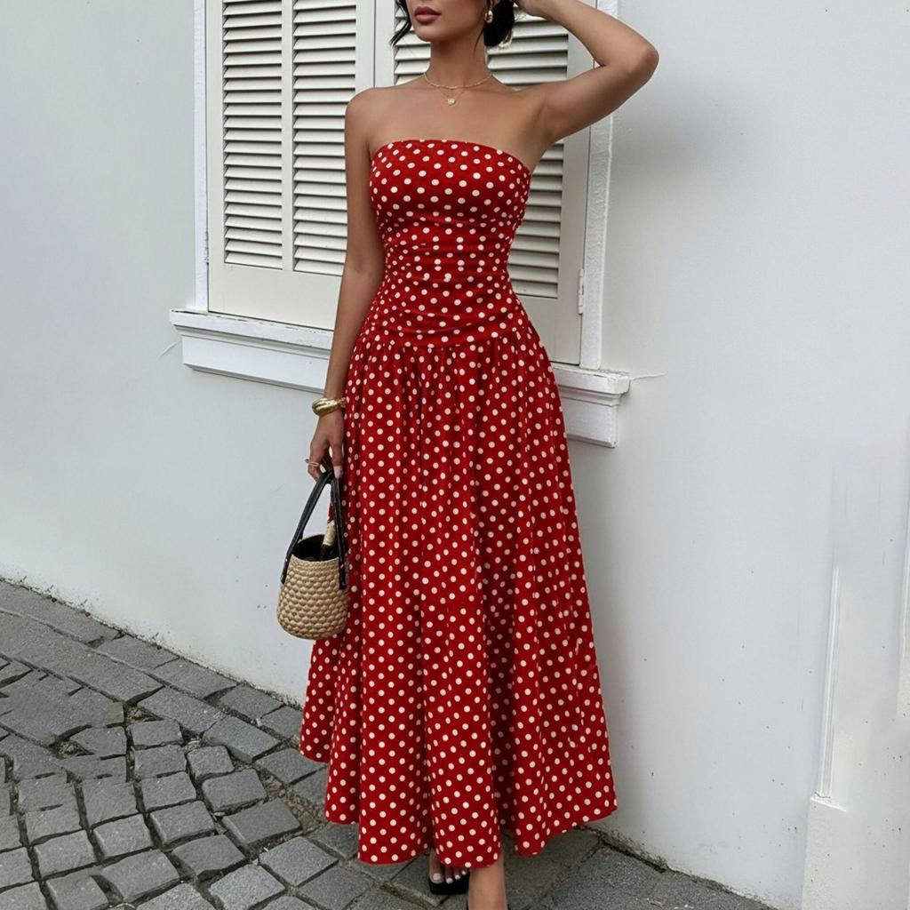 Summer new women's skirt, sexy and sweet temperament tube top polka dot waist dress