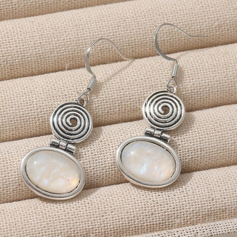 Винтажные Посеребренные Геометрические Спиральные Серьги-Подвески с Лунным Камнем для Женщин Элегантные Повседневные Универсальные Украшения Аксессуары Подарки