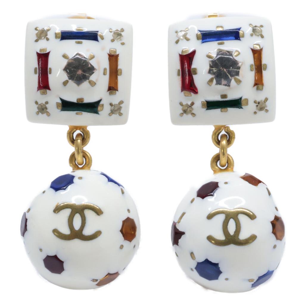 Chanel [Отличное состояние] Серьги с мотивом логотипов CC 98P и разноцветными камнями, золото / белый. Б/у