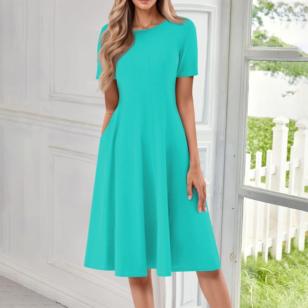 Женское повседневное и модное платье с круглым вырезом и коротким рукавом, однотонное, средней длины