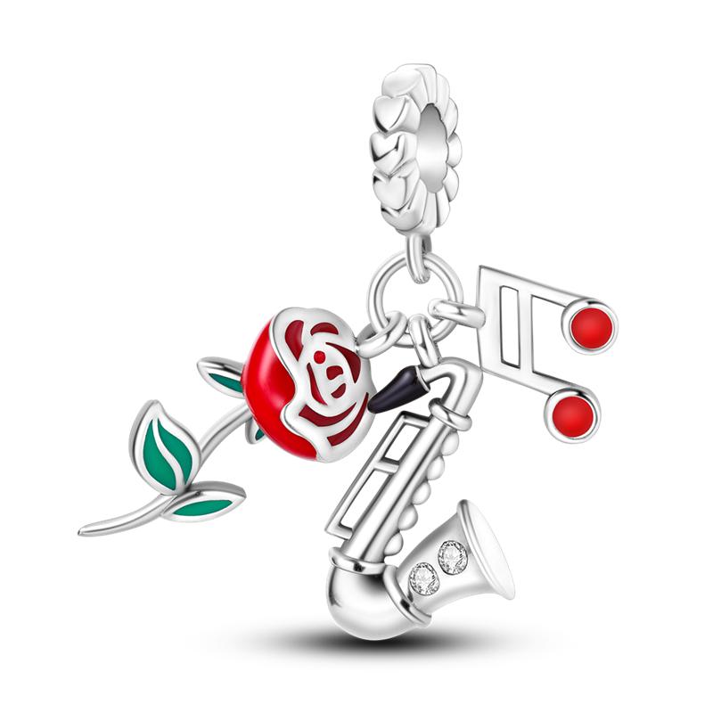 925 Silver Red Color Charms Bead Lipstick High Heels Heart Strawberry Dangle Fit Bangle Bracelet DIY Jewelry