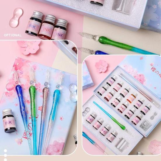 1 комплект, полупрозрачная ручка с цветком вишни, декор с блестками и принтом, стеклянная ручка с чернилами, набор для подарка