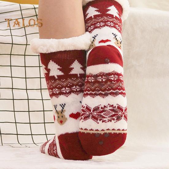 1 Pair Winter Floor Socks Thickened Fuzzy Plush Warmth Retention Christmas Elk Snowflake Print Leg Warmer Silicone Bottom Fall Winter Floor Socks
