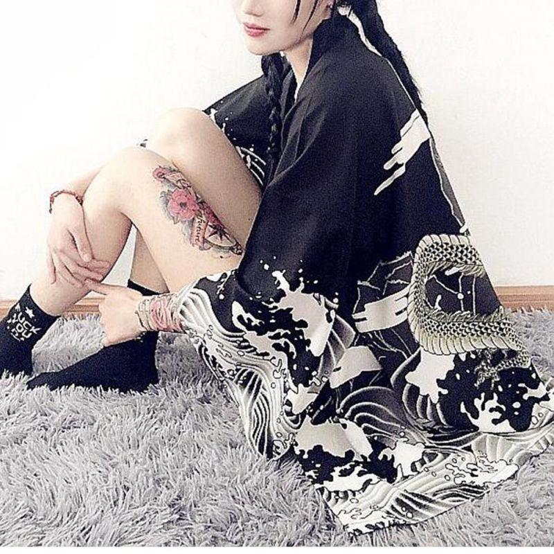 Винтажные женские блузки в стиле Харадзюку и с принтом дракона на спине, идея дизайна японского кимоно
