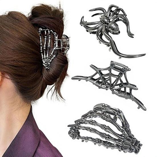 Хэллоуин Заколка для волос Черная Паутина Скелет Рука Форма Летучей мыши Зажим для волос Нескользящие зубцы Затылок Акула Зажим для волос Аксессуар для укладки