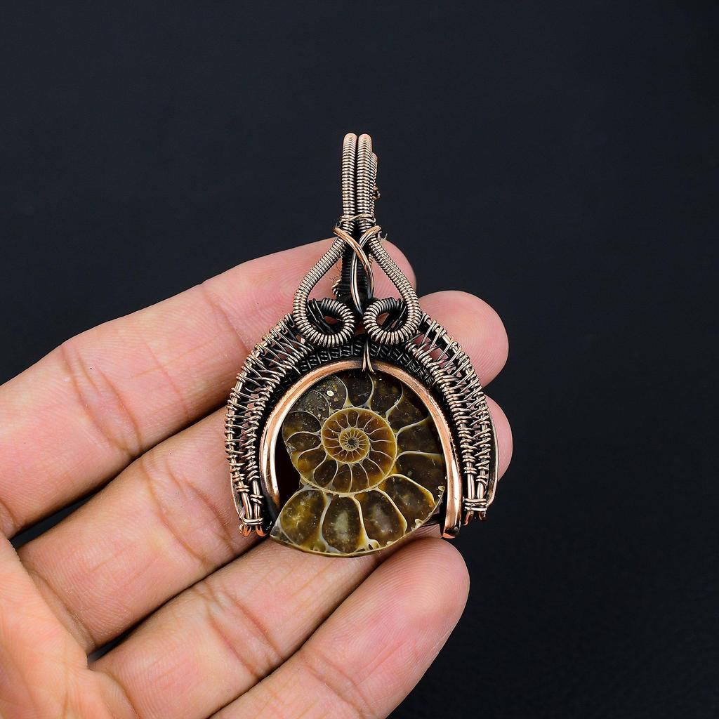 Amazing Ammonite Fossil Gemstone Handmade Pure Copper Wire Wrapped Pendant Jewelry