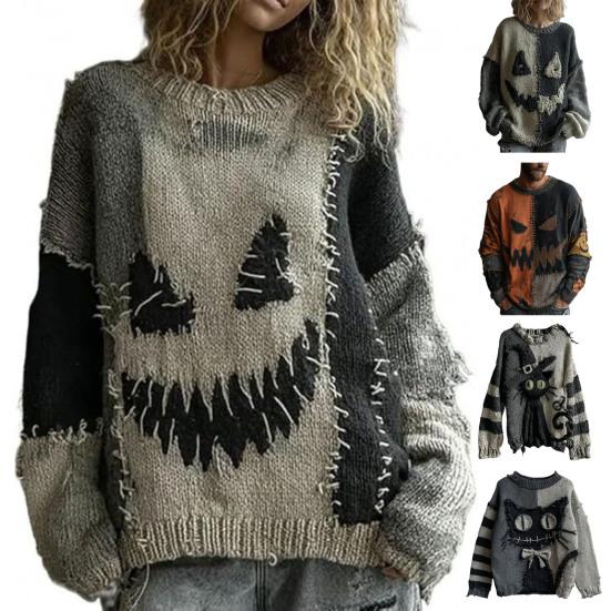 Хэллоуинский свитер с жутким лицом для женщин, трикотажный топ с принтом пэчворк, с длинным рукавом и круглым вырезом, с прострочкой, осенний наряд