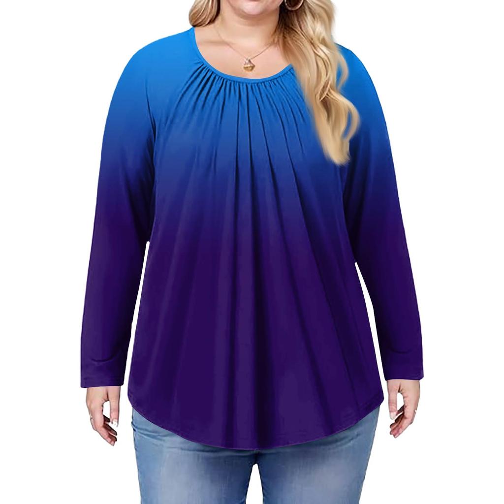 Женский модный топ большого размера с принтом, повседневный плиссированный, с круглым вырезом и длинными рукавами