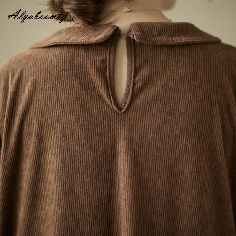 Плюс размер осень-весна женское платье большого размера с воротником Питера Пэна черно-зеленое кофейное повседневное свободное платье винтажное вельветовое платье с длинным рукавом