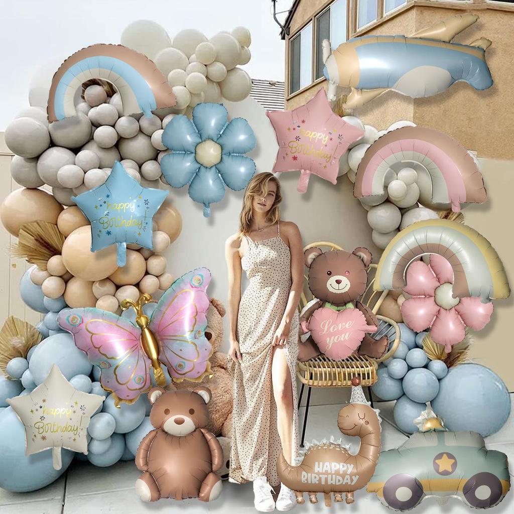 Cute Matte Frosted Teddy Bear & Rainbow Aluminum Balloons for Kids' First Birthday Decorations