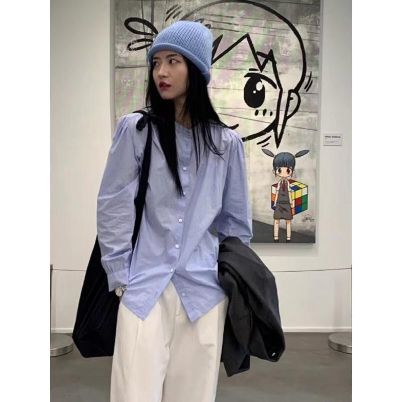 Удобная и универсальная белая рубашка с круглым вырезом, женская блузка с длинными рукавами, ретро-дизайн, Sense Niche Bubble Ins, темперамент, элегантный модный топ