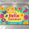 Cheerful Hello Summer Backdrop, Bright Turquoise Floral Scene with Butterflies and Smiling Sunflowers, Festive and Playful Wall Decor