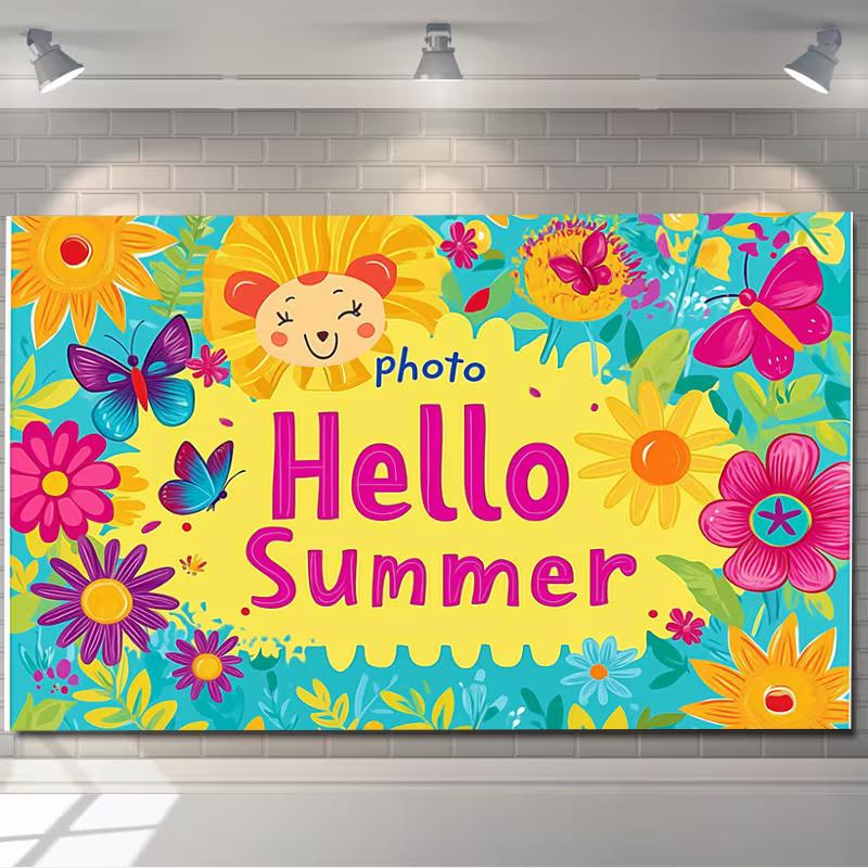 Cheerful Hello Summer Backdrop, Bright Turquoise Floral Scene with Butterflies and Smiling Sunflowers, Festive and Playful Wall Decor