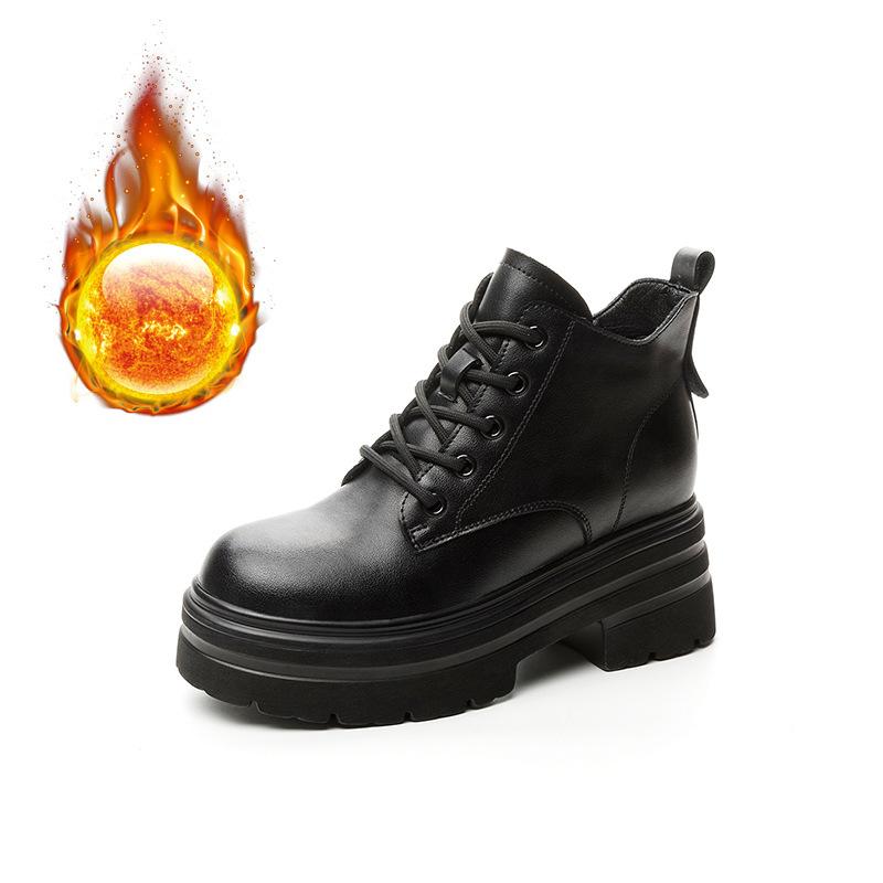 Осень и зима новая женская обувь толстая подошва завышенная новая подошва-маффин средняя высота голенища повседневные шнуровка короткие ботинки женский тренд бархат