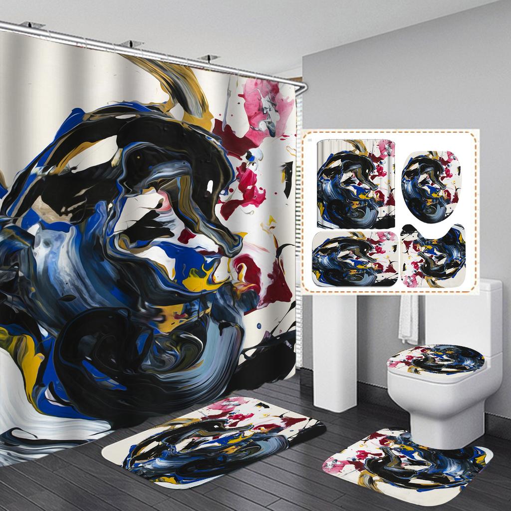 4Pcs Luxury Marble Shower Curtain Sets Bathroom Decor Sets with 12 Hooks Bath Mat Toilet Lid Rug and Non-Slip U Shape Mat