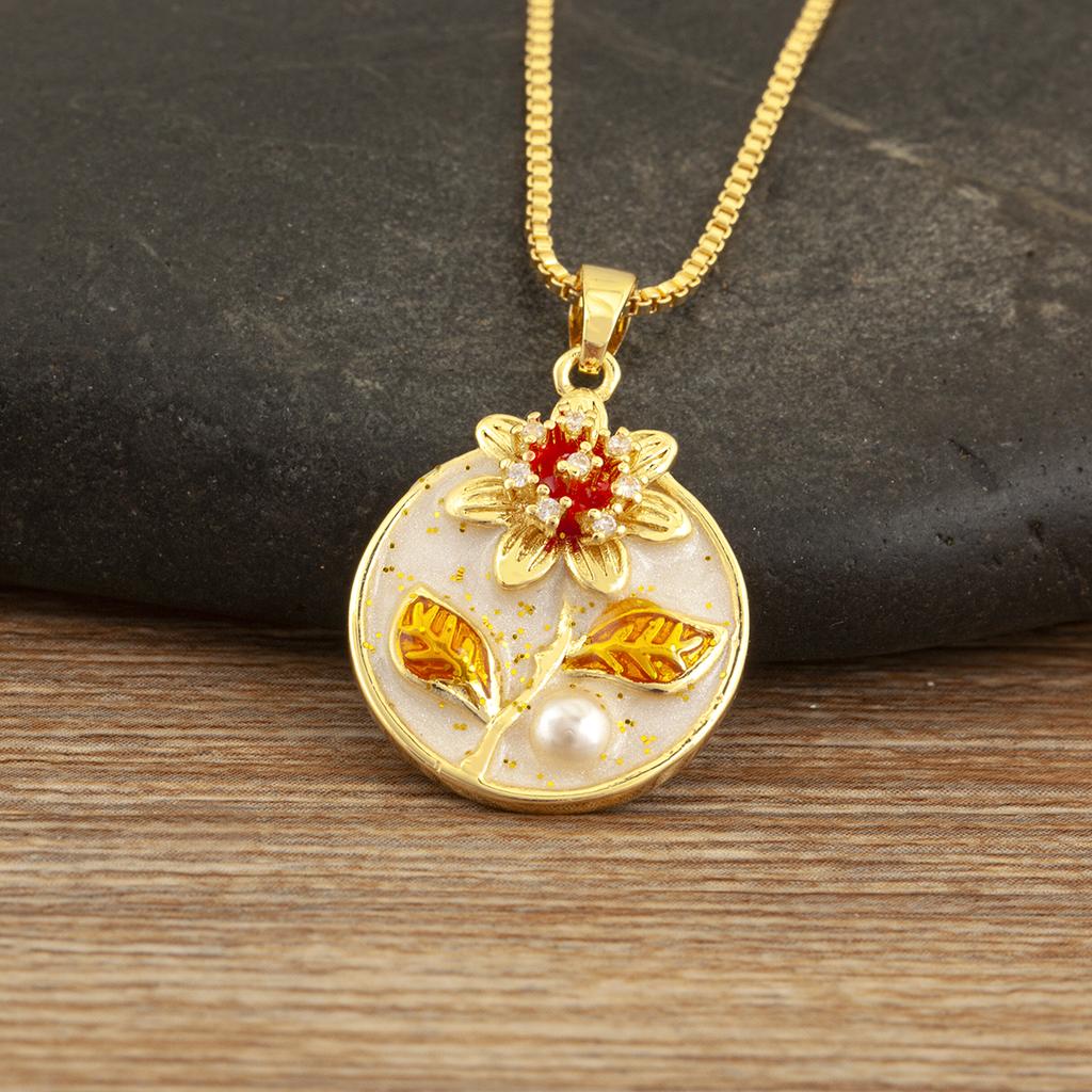 Nidin New Fashion Enamel Oil Painting Flower Pendant Necklace For Women Female Round Inlaid Pearl Dancing Party Delicate Jewelry