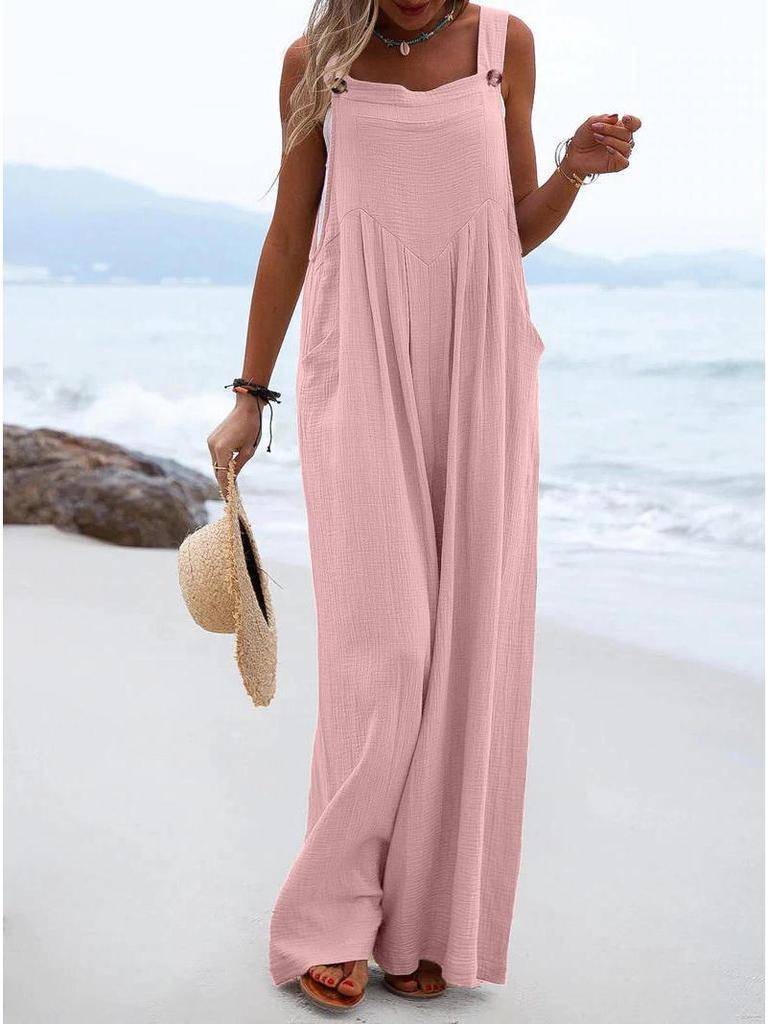 Women's Solid Color Casual Button Jumpsuit - European & American Style