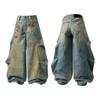 Vintage Washed Wide Leg Denim Pants With Cartoon Print High Waist Loose Fit Teens