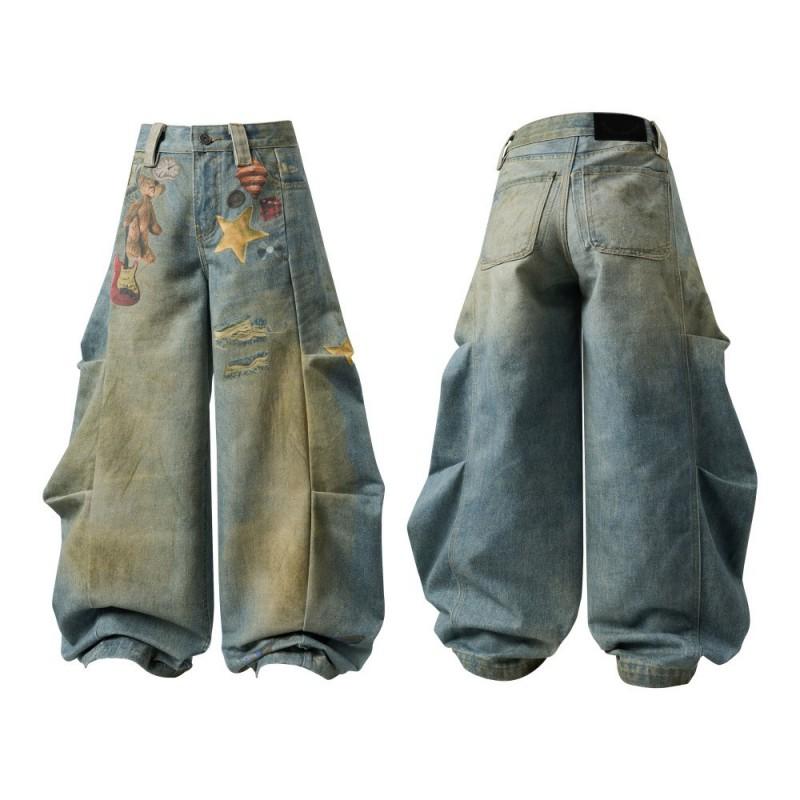 Vintage Washed Wide Leg Denim Pants With Cartoon Print High Waist Loose Fit Teens