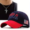 2pcs Men's Baseball Cap Necklace Set American Flag Sun Hat Fashion Cross Pendant Necklace Mesh Red Sun Hat