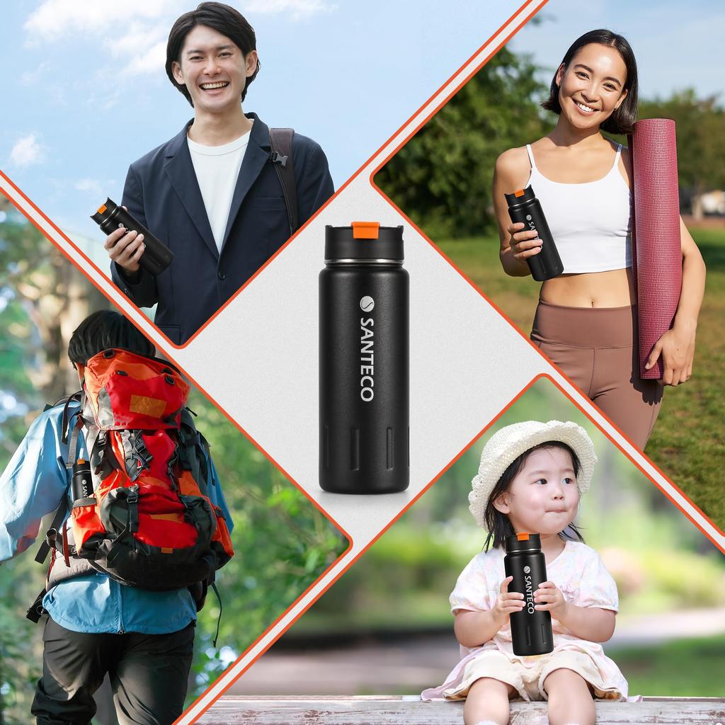 SANTECO Stainless Steel Vacuum Insulated Water Bottle with Insulates Hot and Cold Wide Sports for Car Outdoor Black Lid, 710ml, Water, Mouth, Bottle,