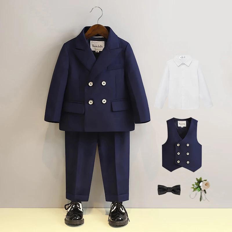 Костюм для мальчиков, модный двубортный черный цветочный детский свадебный наряд для выступлений 4 6 8 10 лет, школьная форма для детей, комплект пиджаков