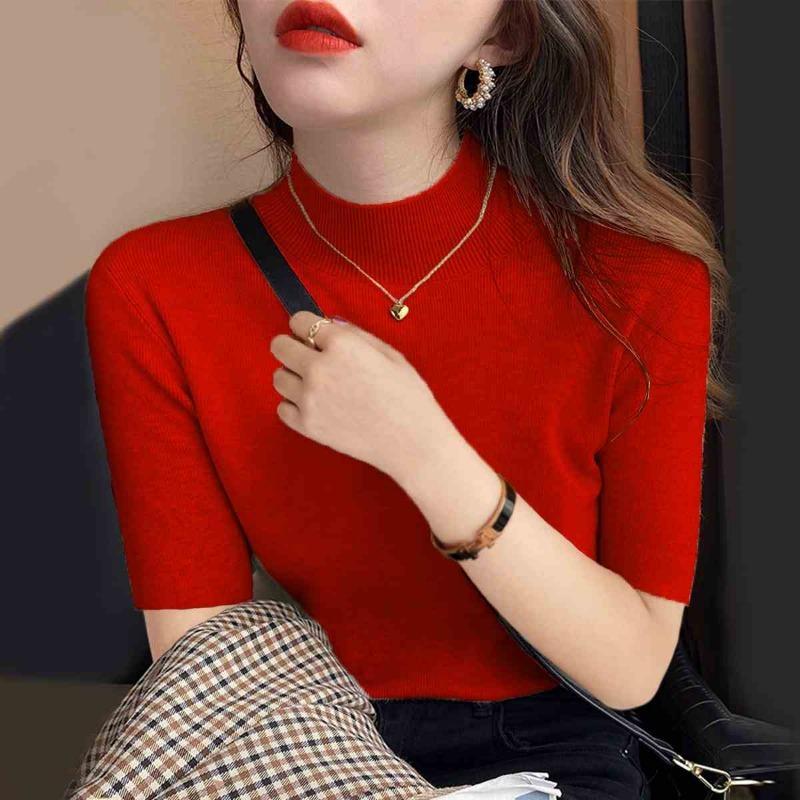 Модные повседневные женские рубашки с высоким воротом, летние узкие блузки с коротким рукавом, женские элегантные однотонные простые свободные рубашки, женская одежда 26229