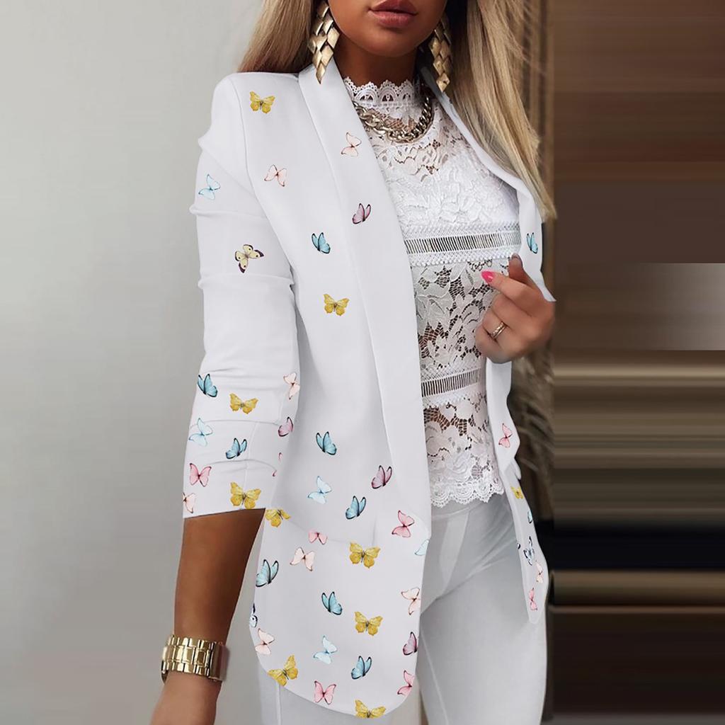 Women Fashion Long Sleeve Print Color Coat Open Front Suit Jacket