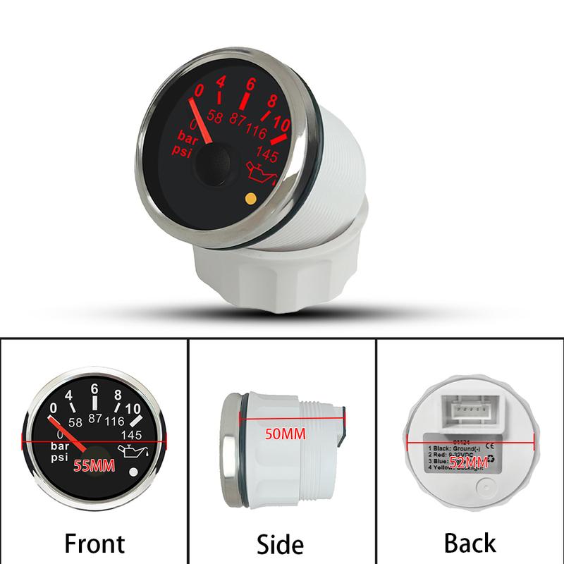Rhaxel 52mm Oil Pressure Gauge Meter 0-5Bar 0-73PSI 0-10Bar 0-145PSI with Red Backlight with Alarm 12V 24V for Car Yachts
