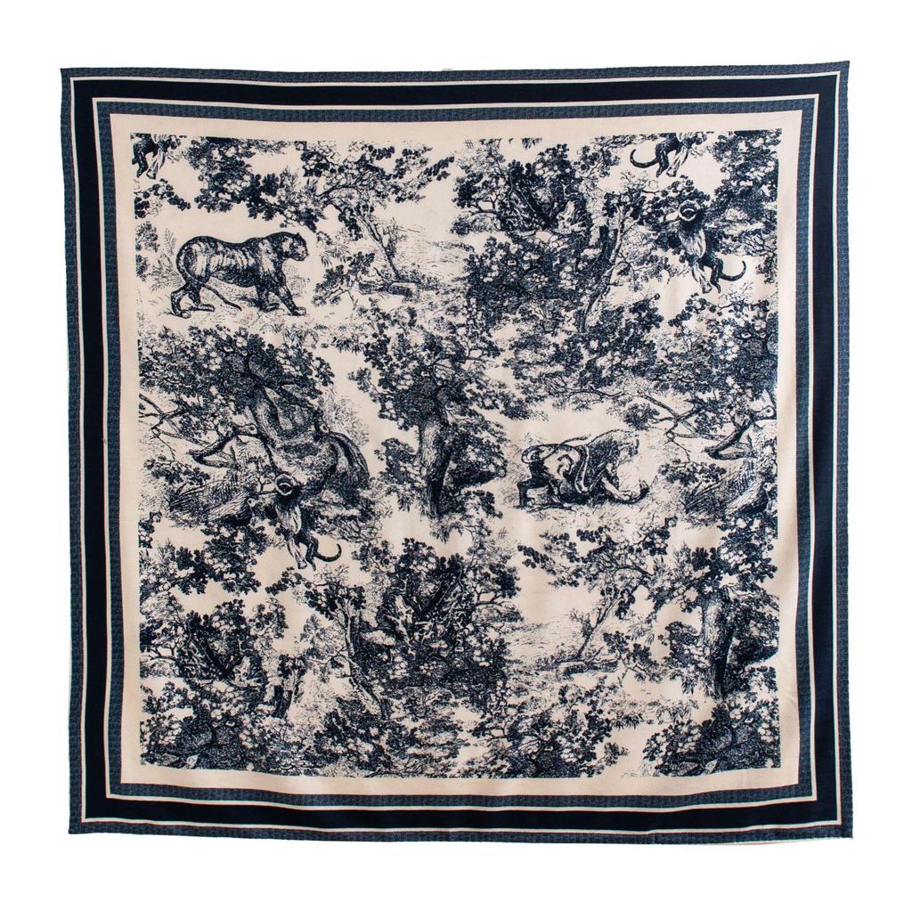Retro Blue & White Silk Wool Double-Sided Scarf - Elegant Large Square for Autumn/Winter