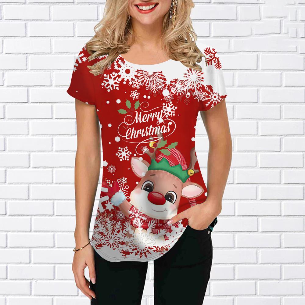 Футболка с изображением лося и снеговика для женщин, летняя футболка большого размера, топ с рождественским принтом и графическим принтом, 2023, модные повседневные женские футболки с круглым вырезом, пуловер