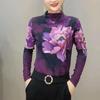 Women's Purple Peony Fleece-Lined Mesh Slimming Long Sleeve Top for Autumn and Winter
