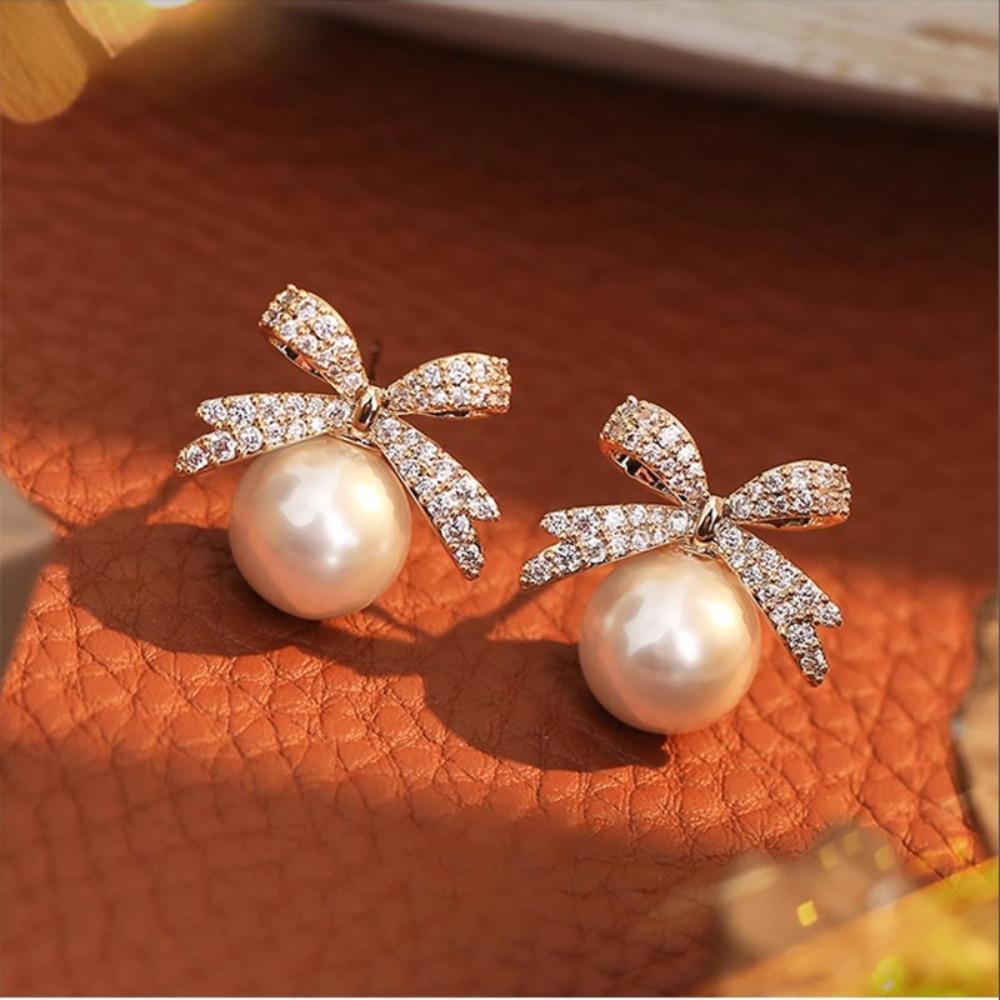 Jewelry Accessories Bow Pearl Ear Studs Bowknot Bow Pearl Ear Hook Bow Pearl Earrings  Lady/Gifts