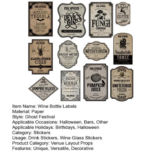 12 листов этикеток на бутылки вина на Хэллоуин, наклейки на бутылки пива, водонепроницаемые наклейки на бутылки с зельями, аптекарские наклейки, украшения для вечеринки на Хэллоуин