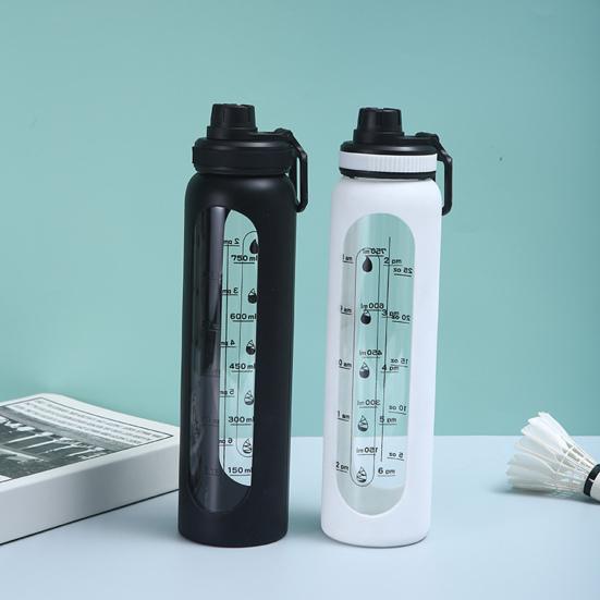 Стеклянная бутылка для воды с силиконовым чехлом, с отметкой времени, 1000 мл, герметичная, из боросиликатного стекла, стакан для воды для спорта, фитнеса, офиса, не содержит БФА, идея для подарка для напитков