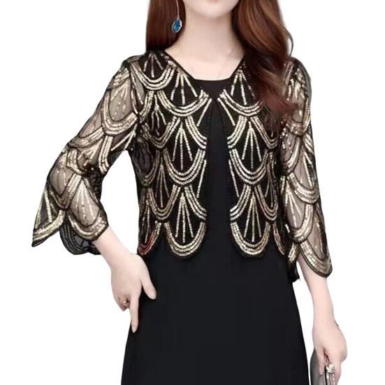 Женский кардиган с блестками, прозрачная сетка, свободные рукава с половиной рукава, симметричный тонкий V-образный вырез для выпускного, вечерние, летняя верхняя одежда, пальто