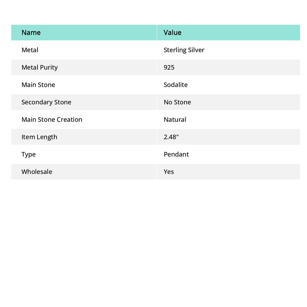 Natural Sodalite Gemstone Handmade 925 Sterling Silver Pendant 2.48" L1d26