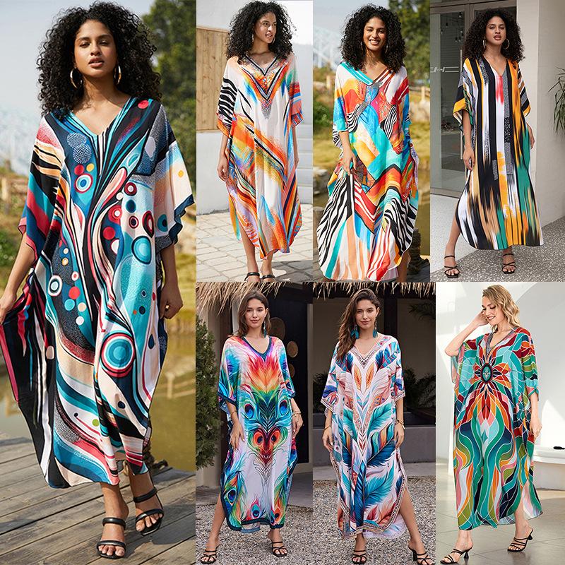 European-American Cotton Print Loose Plus Size Long Dress Beach Cover-Up Robe Style