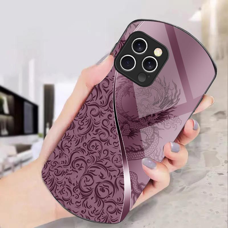 Чехол из закаленного стекла для iPhone 16 15 14 Pro 13 Plus 12 mini 11 13Pro Max XR X S 7 8 6 с рисунком Дракон и Роза (Фиолетовый)