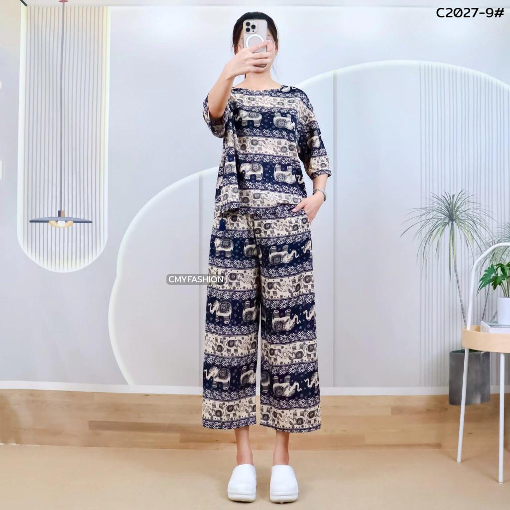 Слон Штаны Шорты Рубашка Комплект Круглый Вырез Укороченный Короткий Рукав Регулируемый Эластичный Пояс Завязка Женский Принт Повседневный Пляжный Бохо Богемный Ретро Винтаж