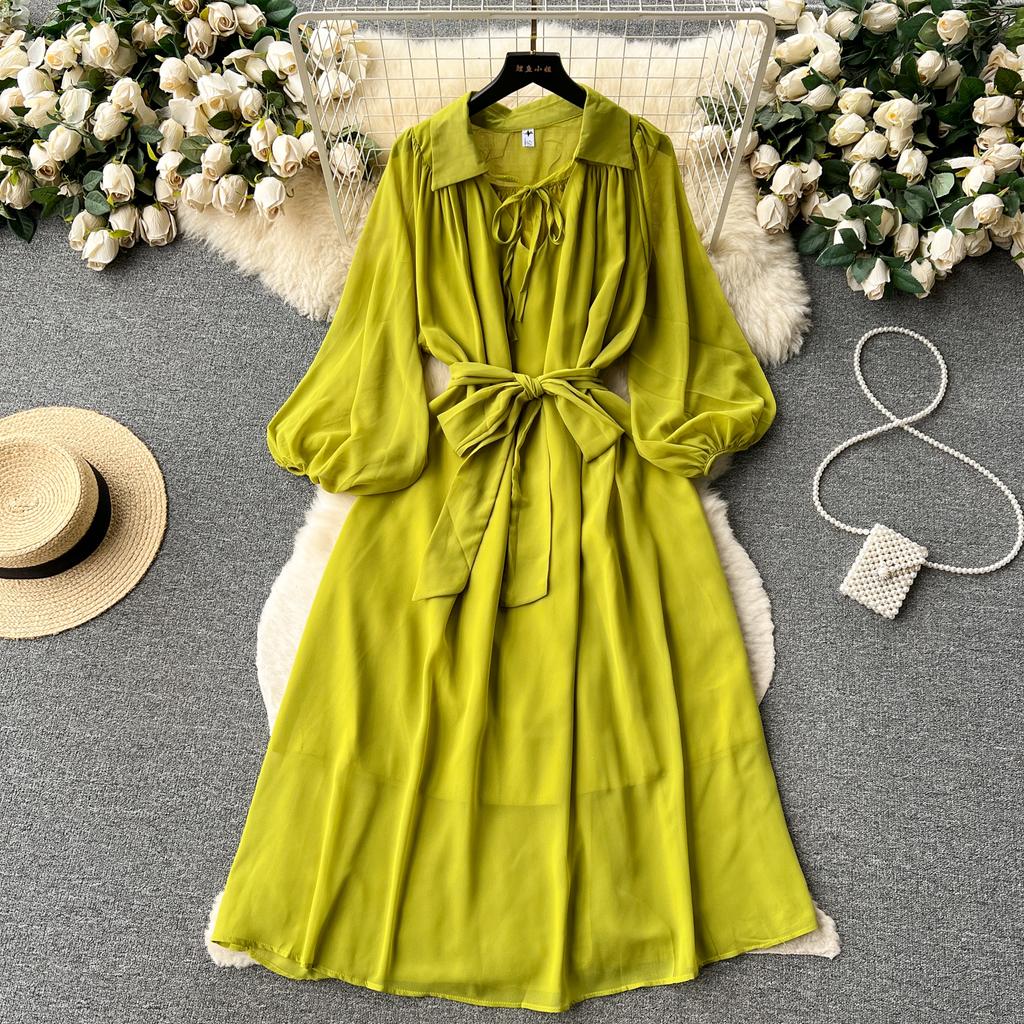 Французские шикарные платья макси для женщин с отложным воротником и рукавами-фонариками, женское летнее платье на шнуровке, женское летнее платье трапециевидной формы, Прямая поставка