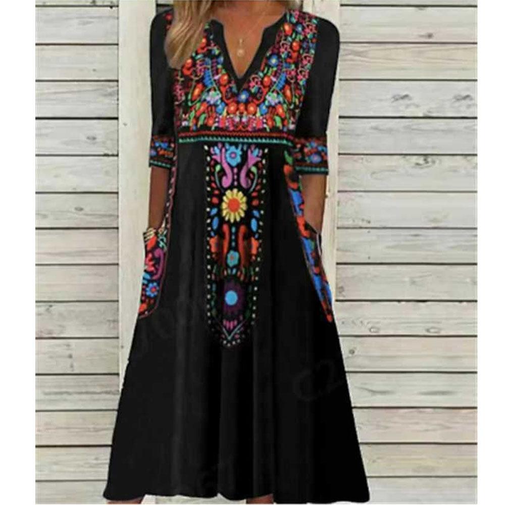 Women Spring Summer Dress V Neck Three Quarter Sleeves Retro Ethnic Style Print Bohemian A-line Loose Hem Pockets Mid-calf Length Midi Dress