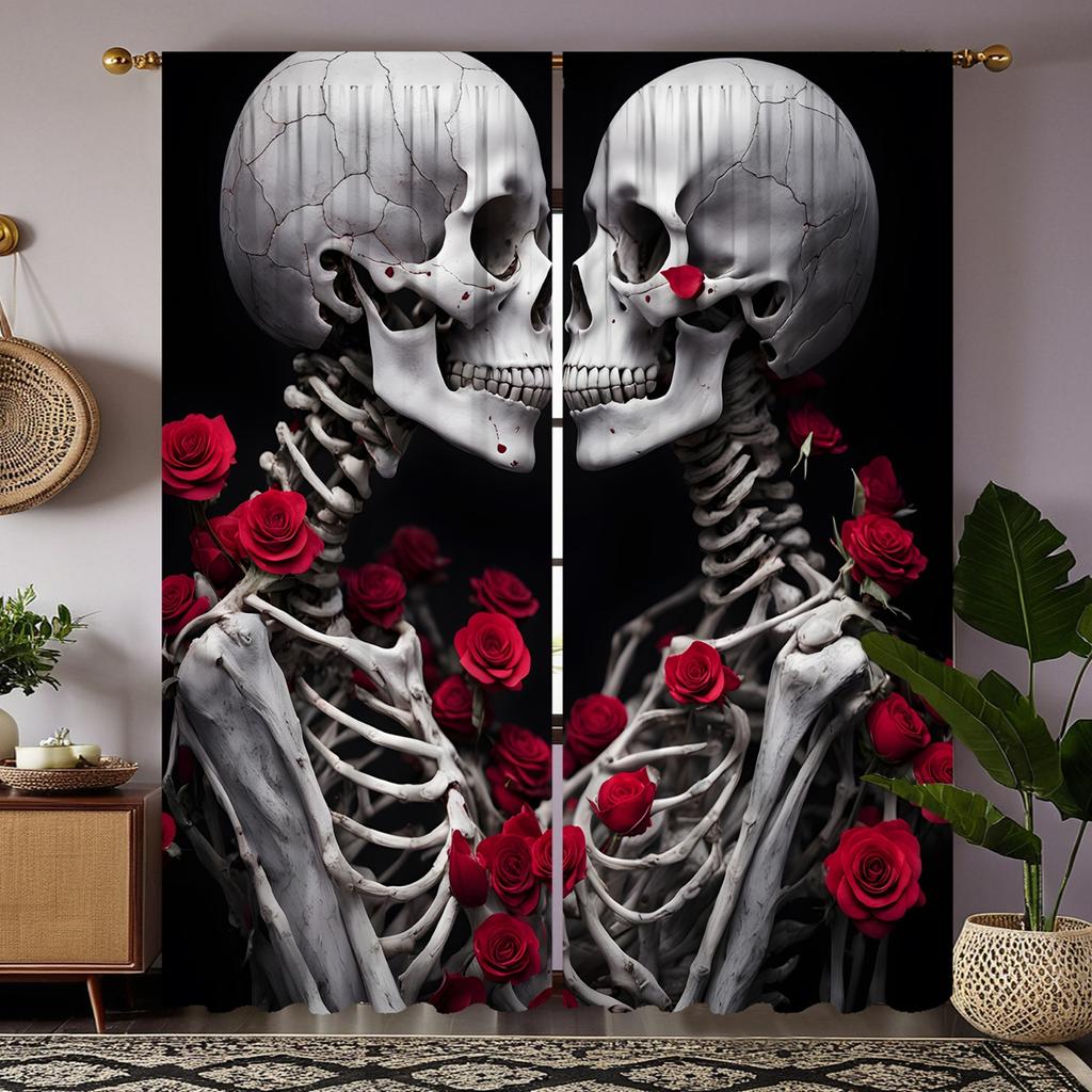 2 шт. HD Череп Роза Пара занавеска Черный галстук цифровой печатный занавес Домашний декор стиль Украсьте гостиную Спальня Носите штангу cu