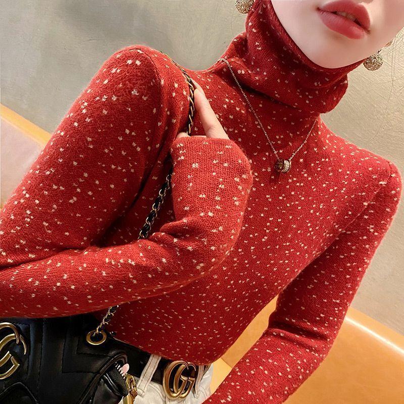 Women's Autumn and Winter New High Collar Sweater Korean Commute Spliced Printed Geometric Slim Long Sleeve Casual Knitted Tops