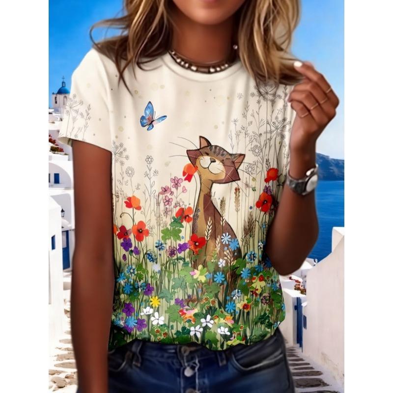 Женский летний модный топ с коротким рукавом Sweetwear Милый принт с рисунком кошки Повседневный наряд для свидания Футболки Женские футболки Одежда Женская